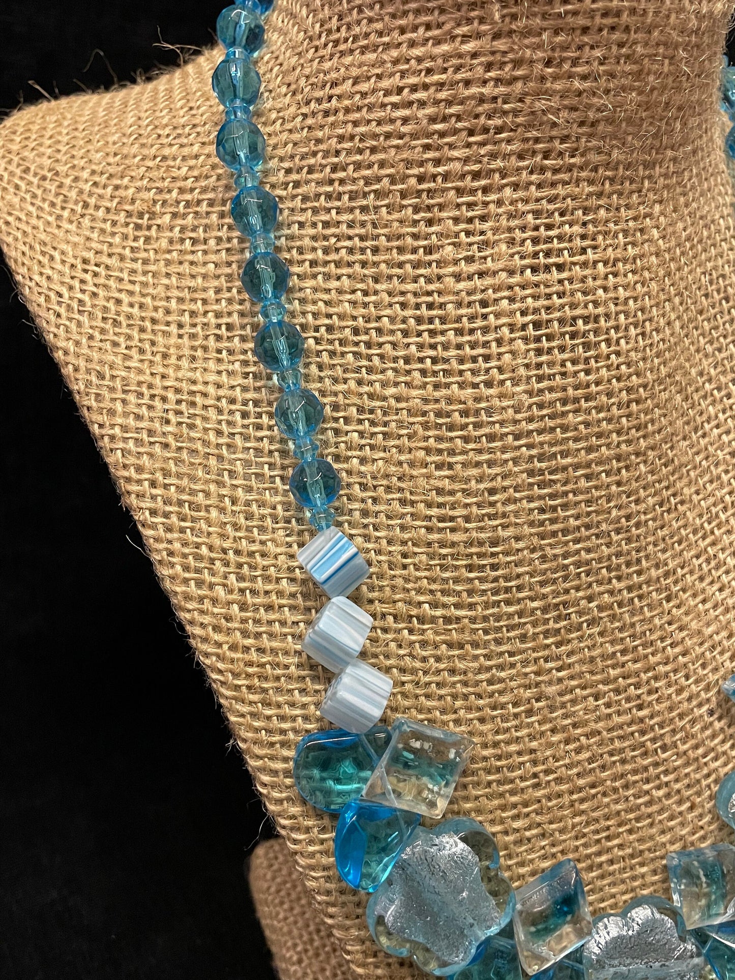 Aqua and Silver Foiled Flower Cane Beads and Faceted Glass Necklace Just Screams "Something Blue" , Beach Wedding Necklace