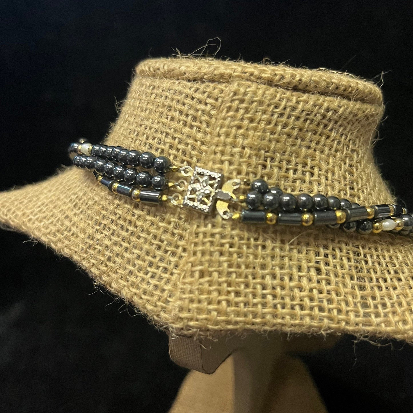 Hematite 3 Strand Layered Necklace With Gold and Pearl Accents