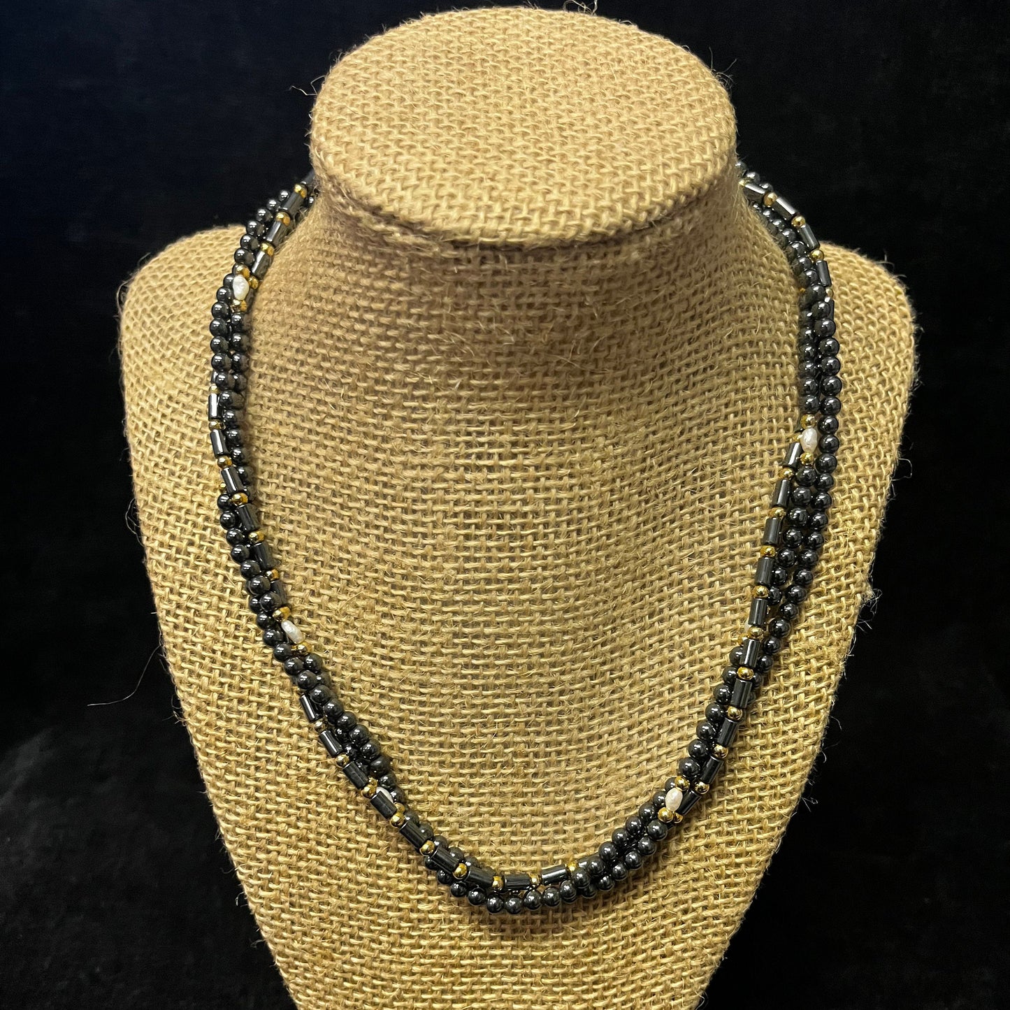 Hematite 3 Strand Layered Necklace With Gold and Pearl Accents