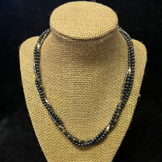 Hematite 3 Strand Layered Necklace With Gold and Pearl Accents