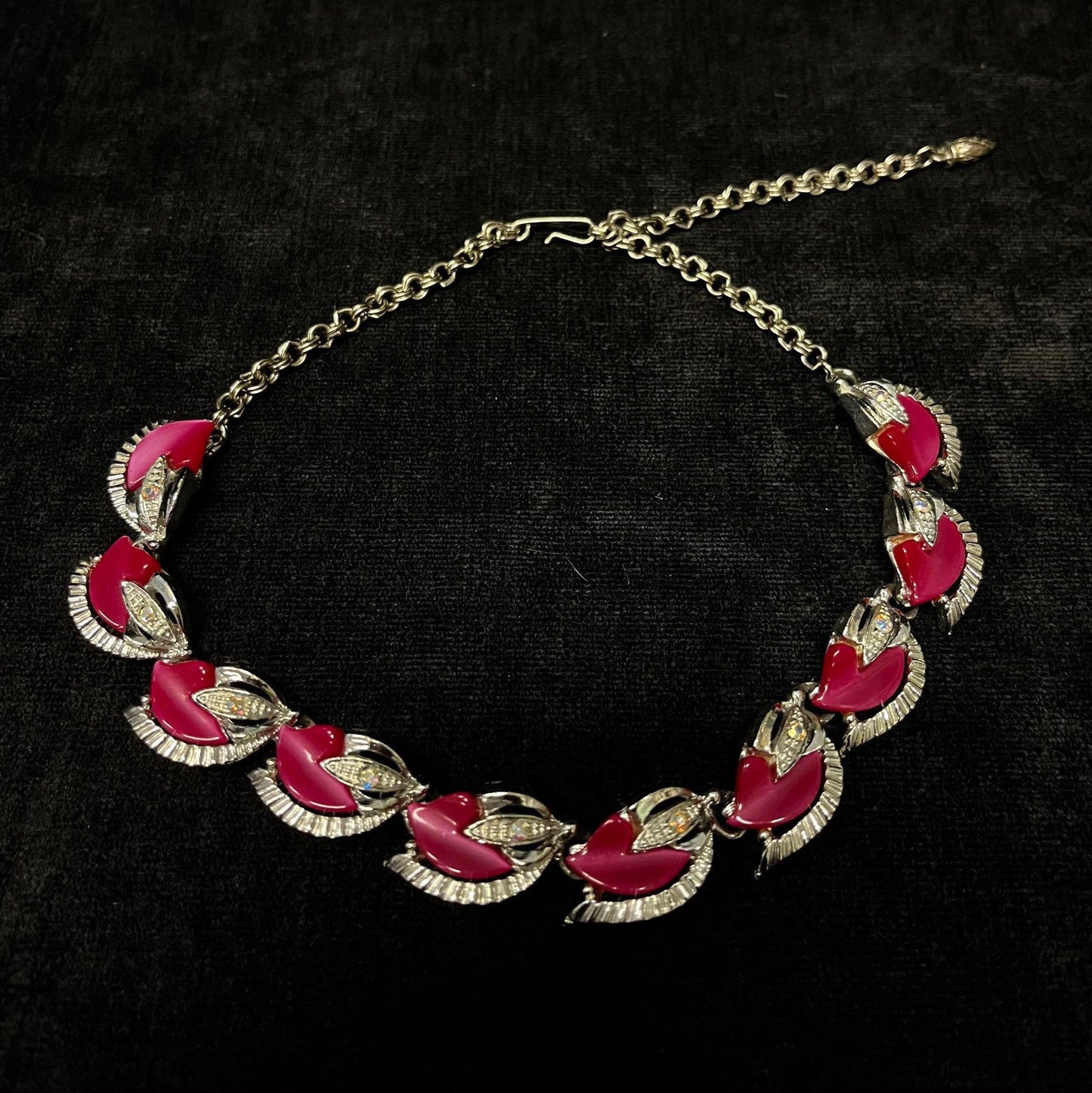 Silver Necklace with Pink Lucite Cabochons and Aurora Borealis Rhinestone Setting