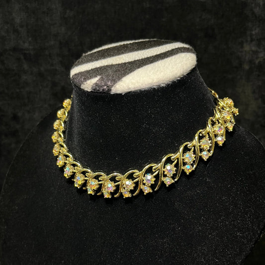 Gold Vine Choker Necklace Aurora Borealis Crystal Perfect for the Bride
