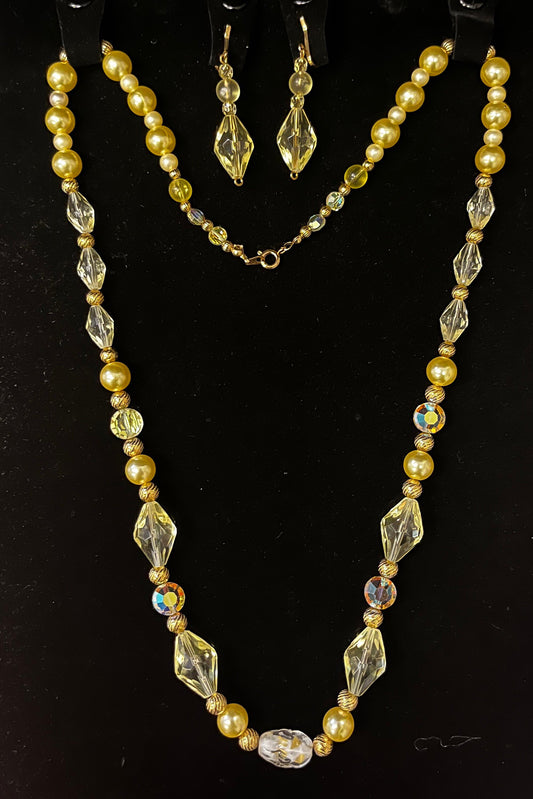 Sun Yellow Hand Blown Chrystal Beads with Gold Spacers and Warm Faux Pearls Plus Matching Earrings - Opera Necklace with Drop Earring Set