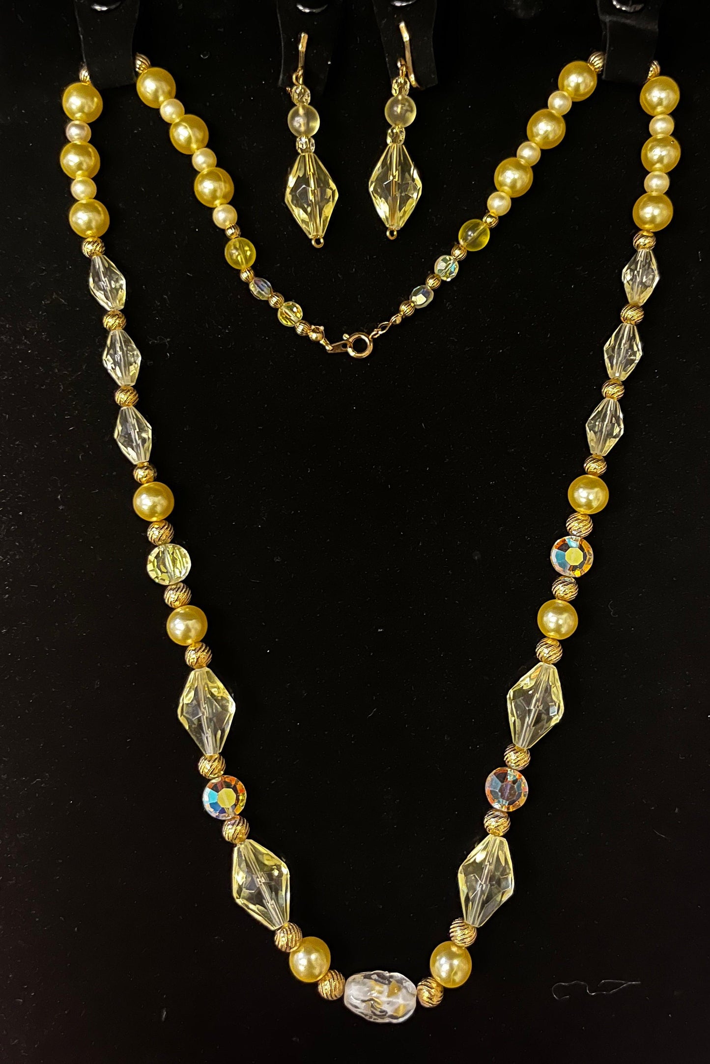 Sun Yellow Hand Blown Crystal Set - Beads with Gold Spacers and Warm Faux Pearls Plus Matching Earrings - Opera Necklace with Drop Earring Set