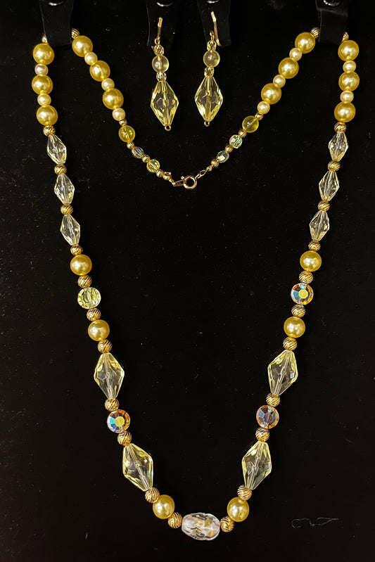 Sun Yellow Hand Blown Crystal Set - Beads with Gold Spacers and Warm Faux Pearls Plus Matching Earrings - Opera Necklace with Drop Earring Set