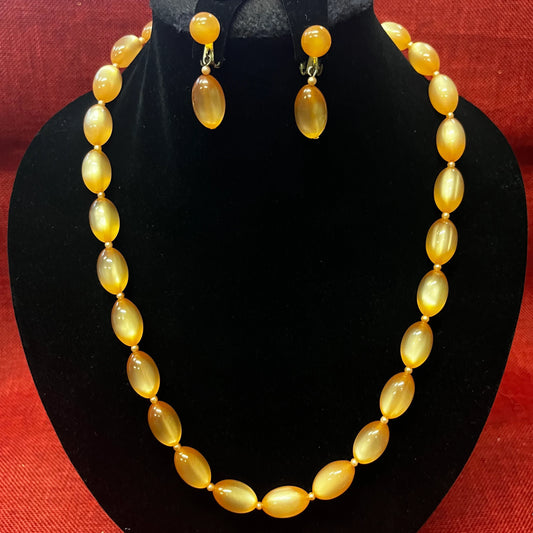 Rosy Lucite Matinee Necklace and Clip-On Earrings Set