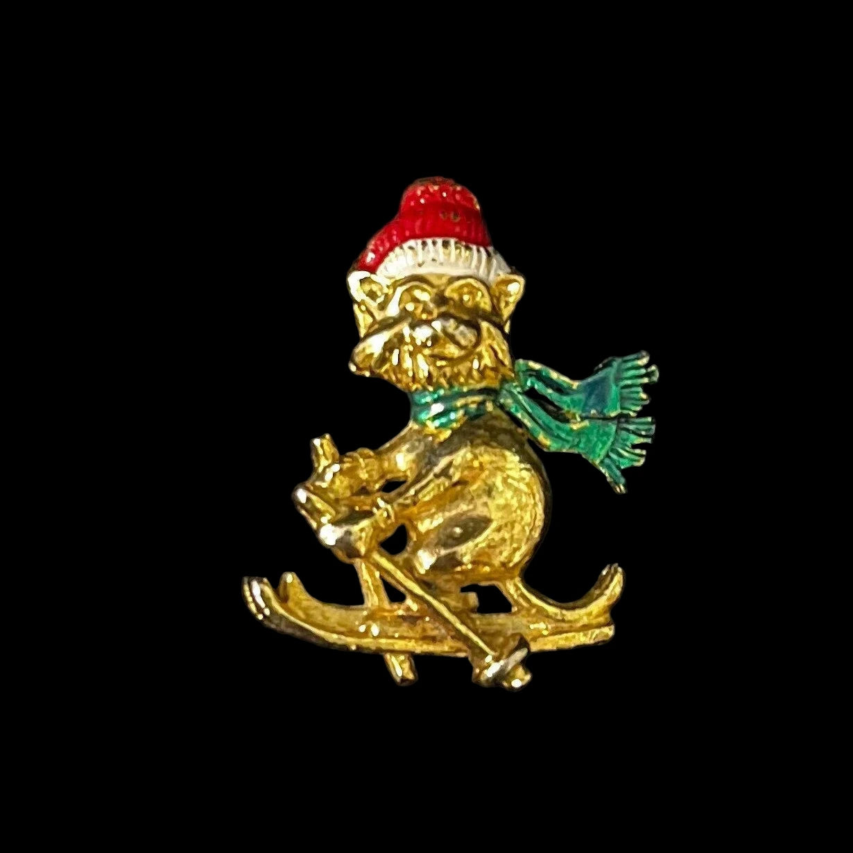 Gold Christmas Cat Skiing Brooch/Pin