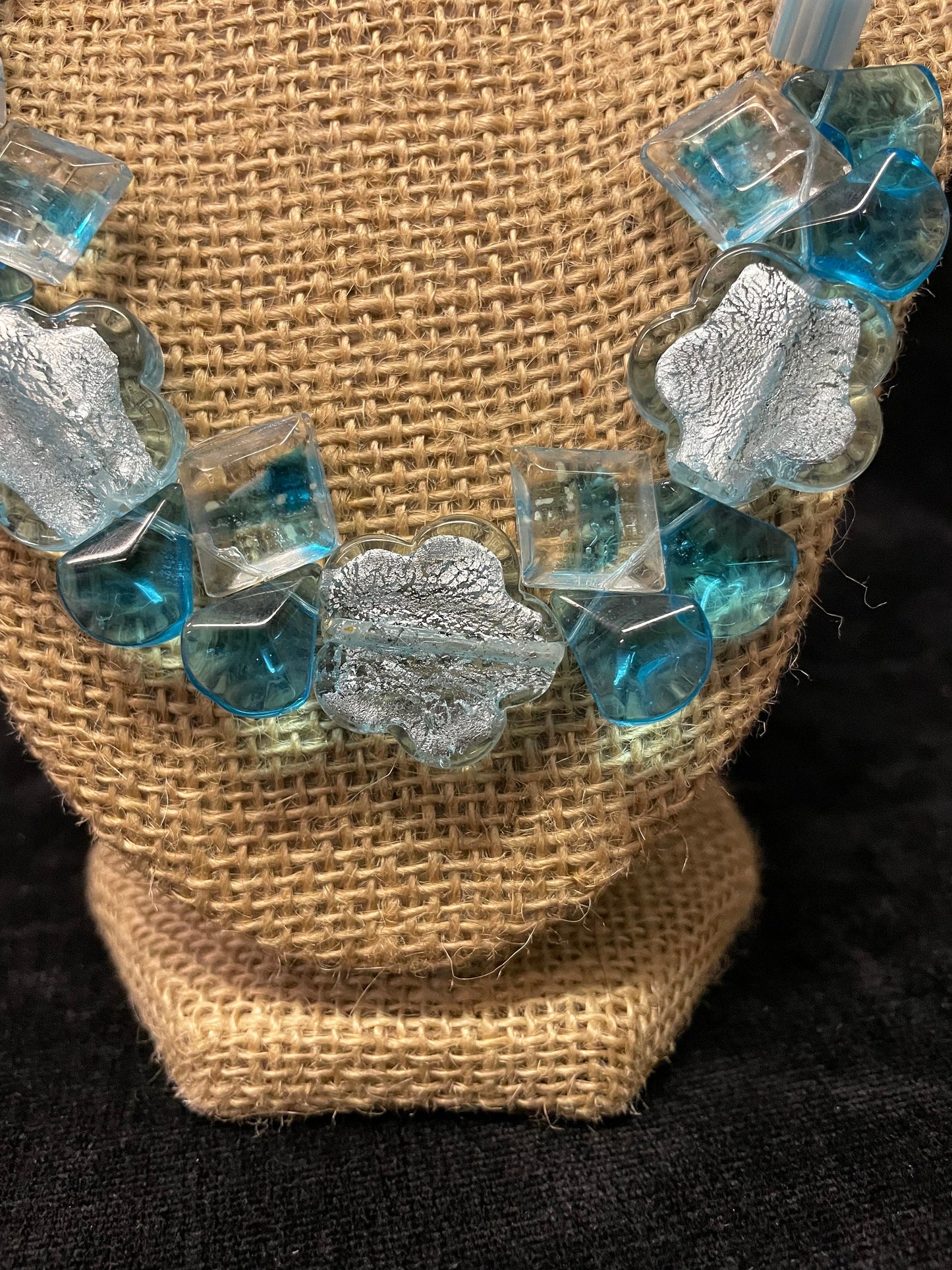 Aqua and Silver Foiled Flower Cane Beads and Faceted Glass Necklace Just Screams "Something Blue" , Beach Wedding Necklace