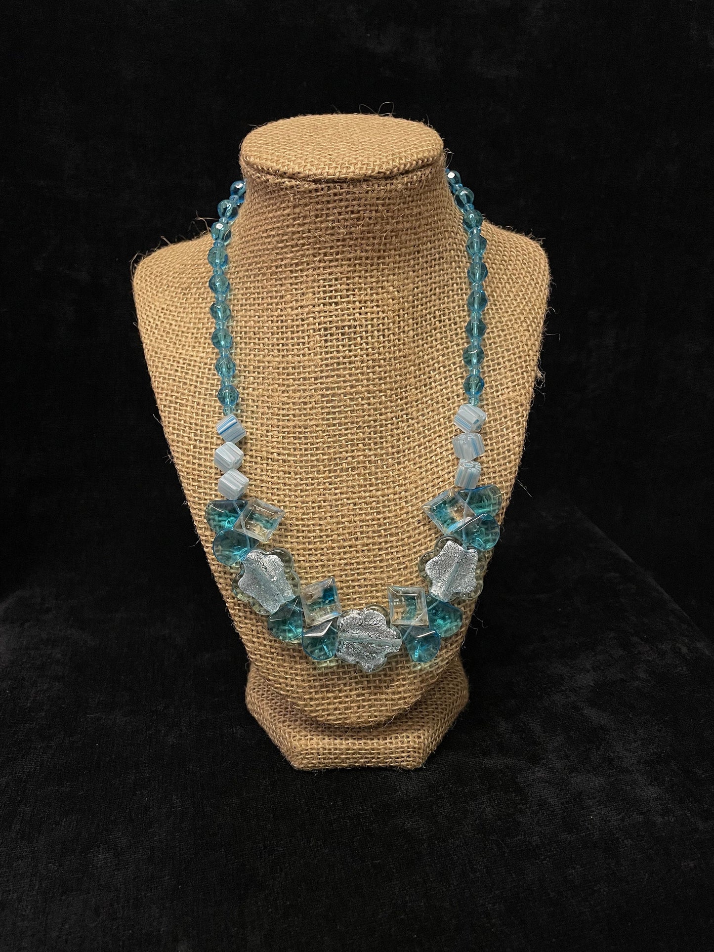 Aqua and Silver Foiled Flower Cane Beads and Faceted Glass Necklace Just Screams "Something Blue" , Beach Wedding Necklace