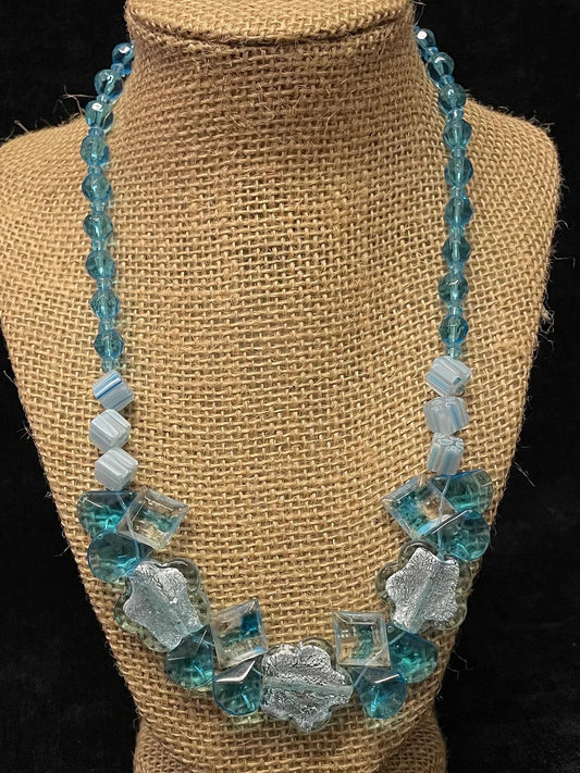 Aqua and Silver Foiled Flower Cane Beads and Faceted Glass Necklace Just Screams "Something Blue" , Beach Wedding Necklace
