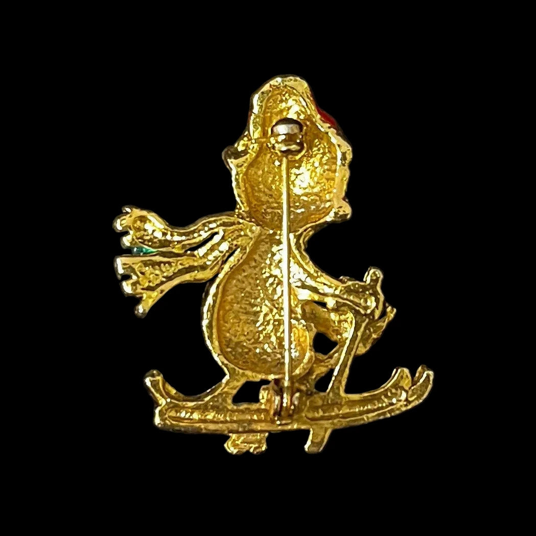 Gold Christmas Cat Skiing Brooch/Pin