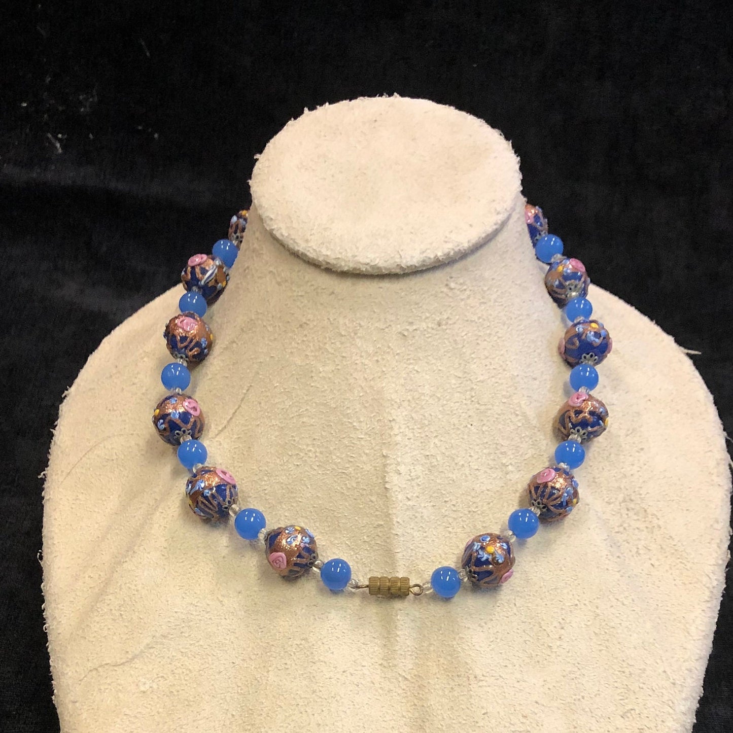 Venetian Handblown Wedding Cake Bead Choker Necklace From 1950s. Something Blue