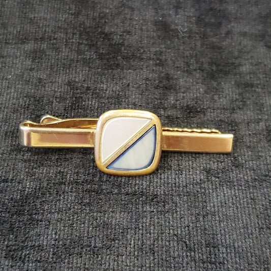 Art Deco Gold-tone Tie Clasp With Pale Blue and White Stone Setting