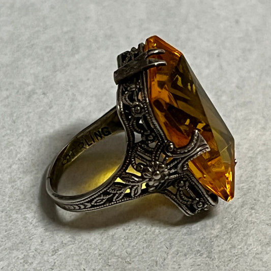 November Birthstone Topaz Ring Flower Filigree Setting Sterling Silver