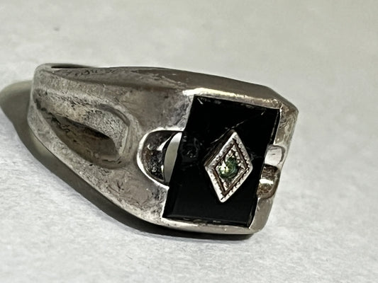 Sterling Silver Onyx Setting with Aquamarine Chip Center Setting- Size 7.5