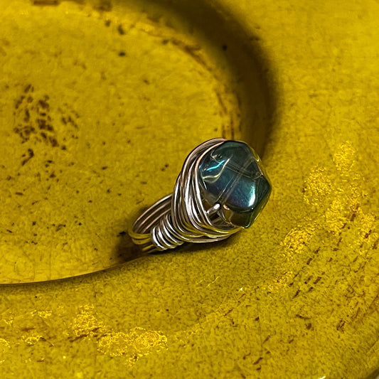 Handmade Boho Silver Wrapped Wire Ring- Size 7 With Cat's Eye Iridescent Chromatic Gemstone