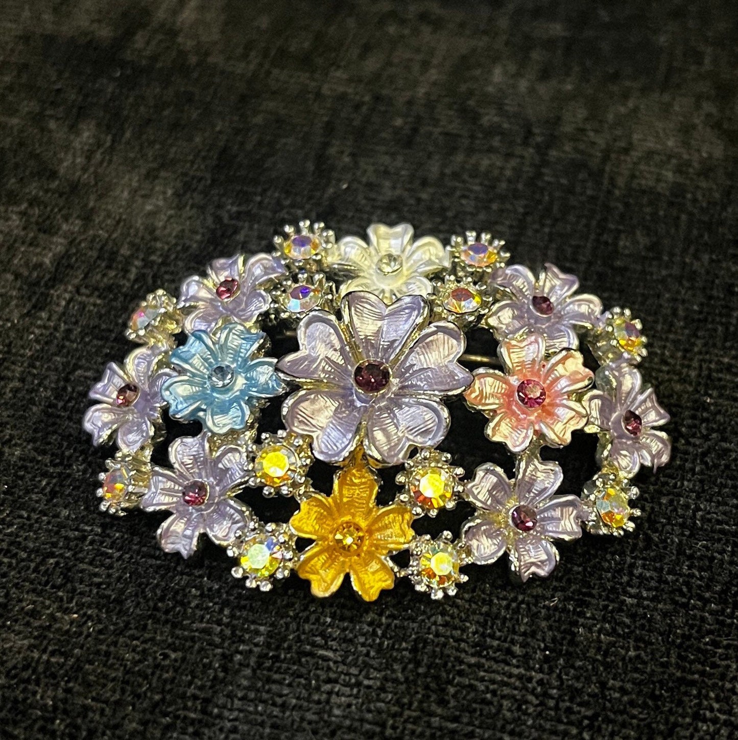 Aurora Borealis Centered Purple Enamel Flower Bouquet Brooch/Pin