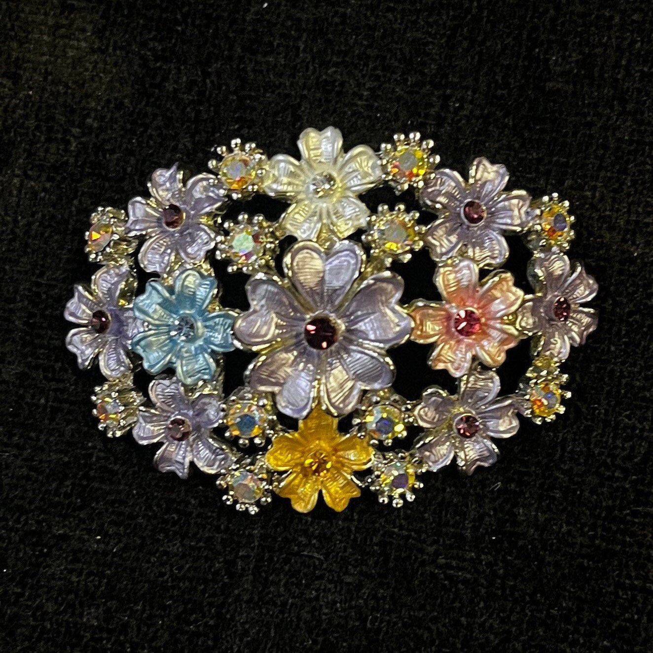 Aurora Borealis Centered Purple Enamel Flower Bouquet Brooch/Pin