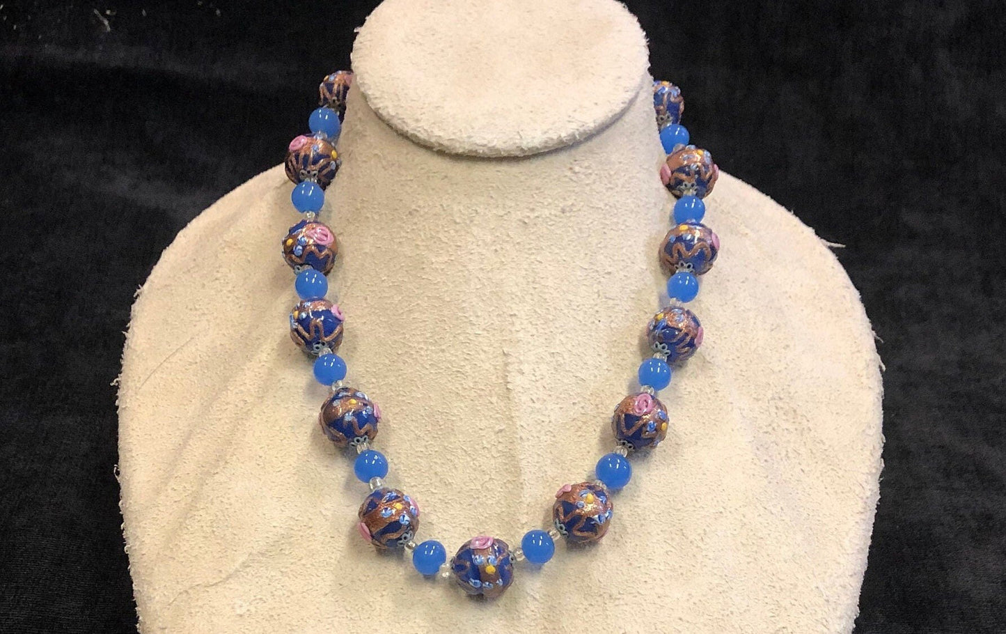 Venetian Handblown Wedding Cake Bead Choker Necklace From 1950s. Something Blue