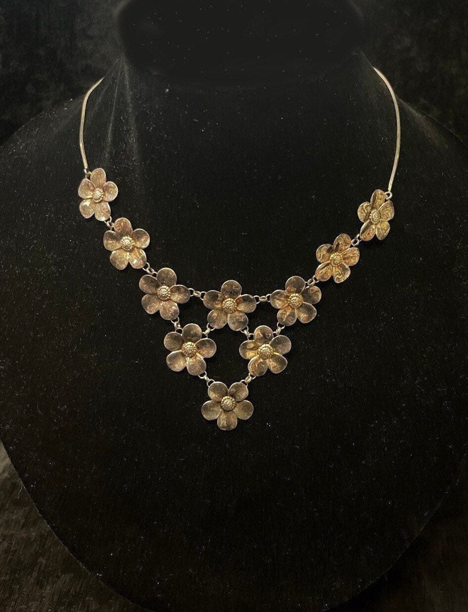 Paola Valentini Flower Bib Necklace - 925 Silver Necklace with a Copper Wash - Tiny Buds for Spring