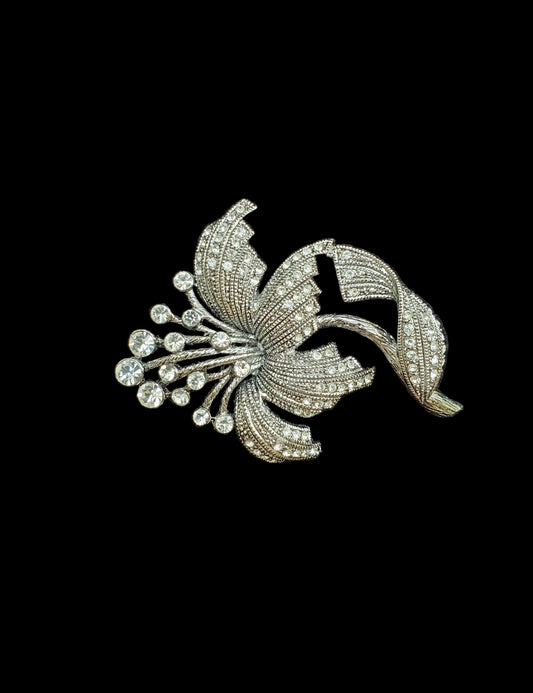 Spectacular Lilly Flower Brooch in Crystal and Silver - Vintage Art Deco Brooch Vintage 1930s Jewelry