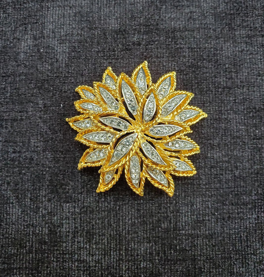 Chrysanthemum Pin or Brooch, Gold tone with Pave Crystal Stones