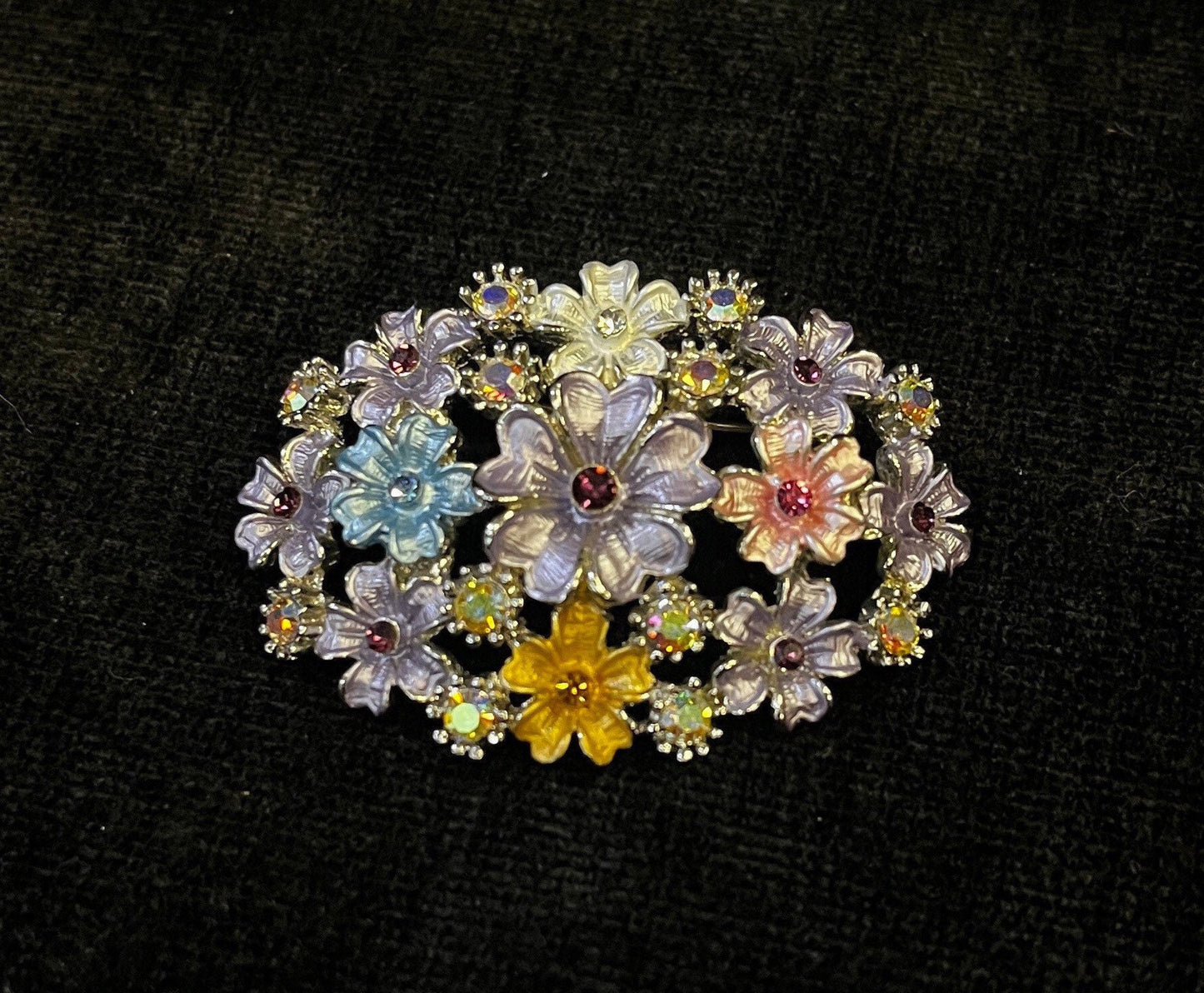 Aurora Borealis Centered Purple Enamel Flower Bouquet Brooch/Pin