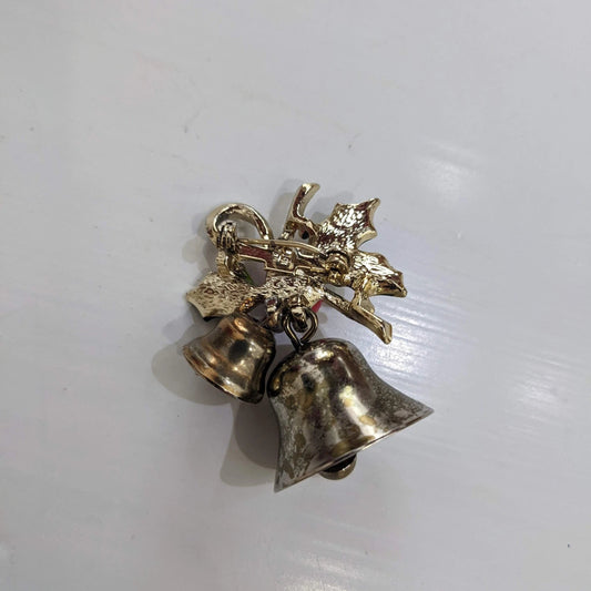 Christmas Bell With Holly on Top Brooch - Vintage Christmas Pin