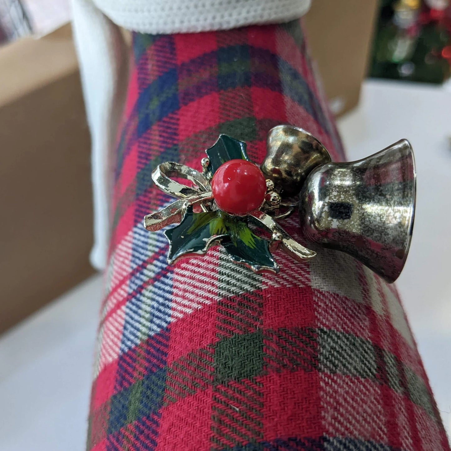Christmas Bell With Holly on Top Brooch - Vintage Christmas Pin