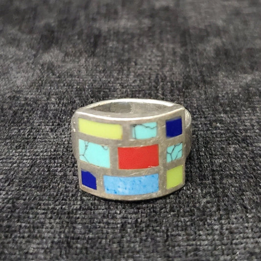 Sterling Sliver BOHO Ring Inlaid with Multicolored Stones, Size 7 - .925 Silver