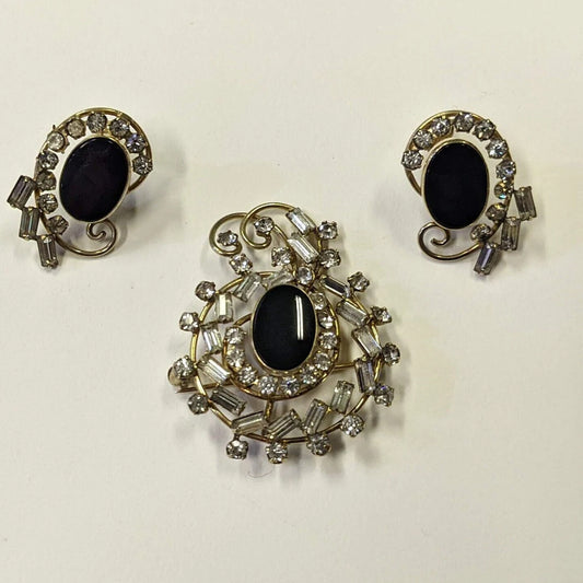 Crystal and Obsidian Screw-back Earrings and Brooch Set