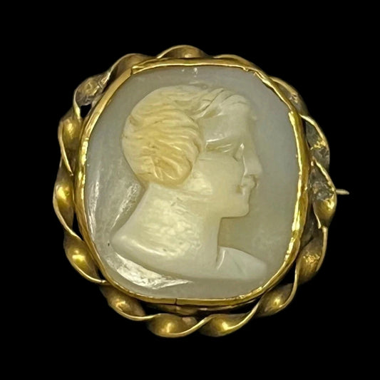 Small Shell Cameo Pin in Hand Worked Gold Frame - Male Profile
