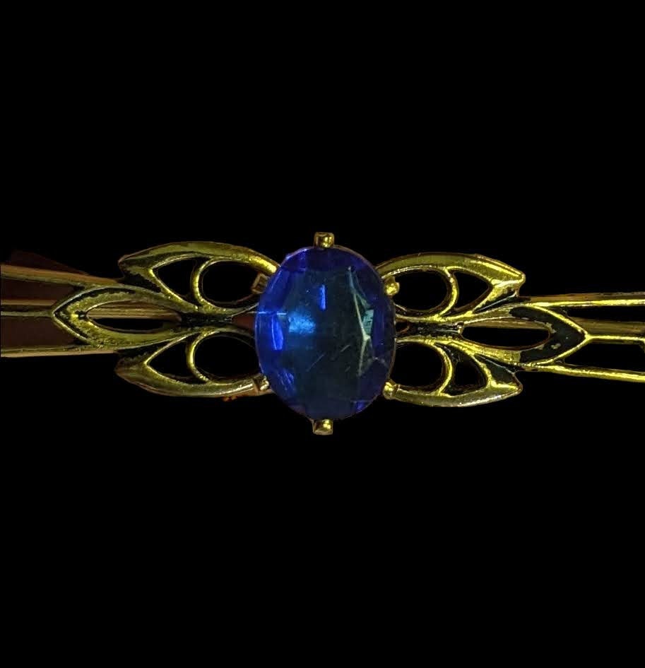 Collar Pin - Prong Set Blue Crystal Setting on Gold Tone Art Deco frame- Flower Accents- Vintage