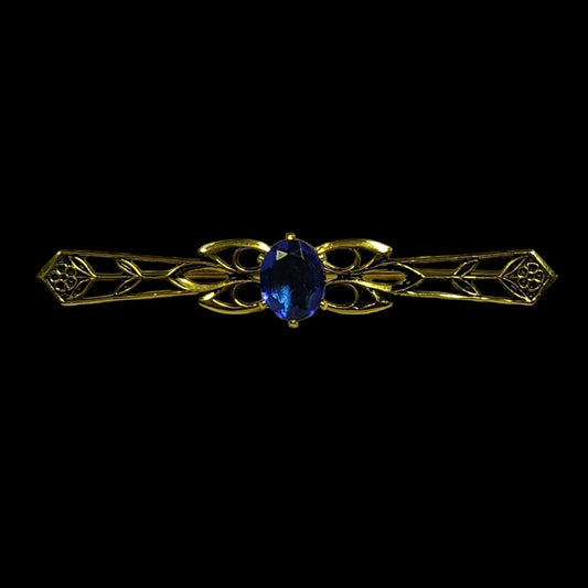 Collar Pin - Prong Set Blue Crystal Setting on Gold Tone Frame with Flower Accents- Vintage