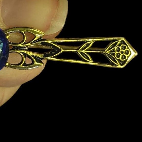 Collar Pin - Prong Set Blue Crystal Setting on Gold Tone Art Deco frame- Flower Accents- Vintage