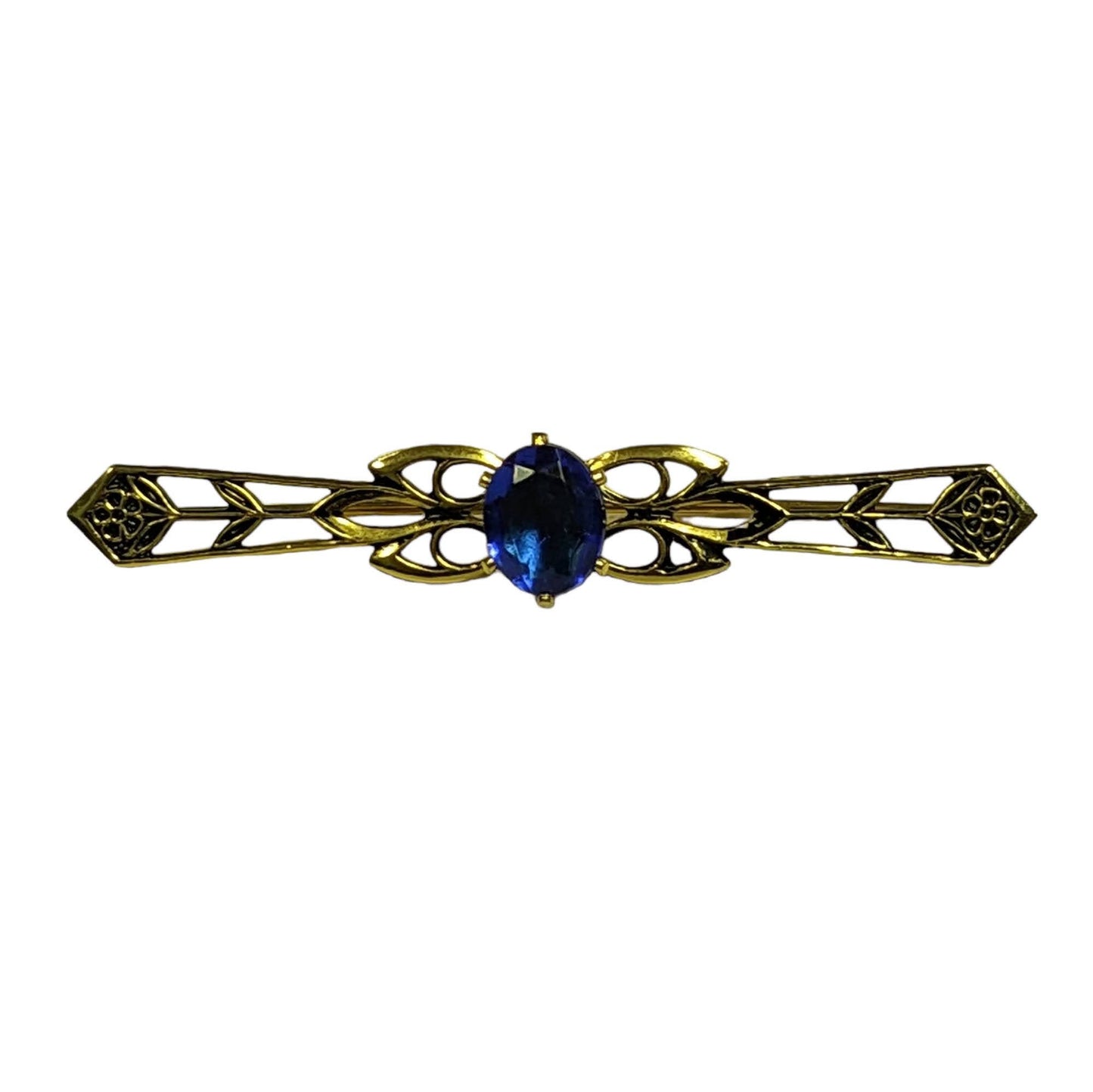 Collar Pin - Prong Set Blue Crystal Setting on Gold Tone Art Deco frame- Flower Accents- Vintage