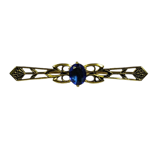 Collar Pin - Prong Set Blue Crystal Setting on Gold Tone Art Deco frame- Flower Accents- Vintage