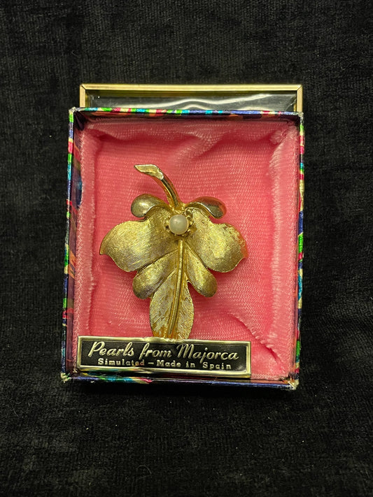 Leaf Broach with Simulated Pearl - Pearls from Majorca - Made in Spain- In Original Box