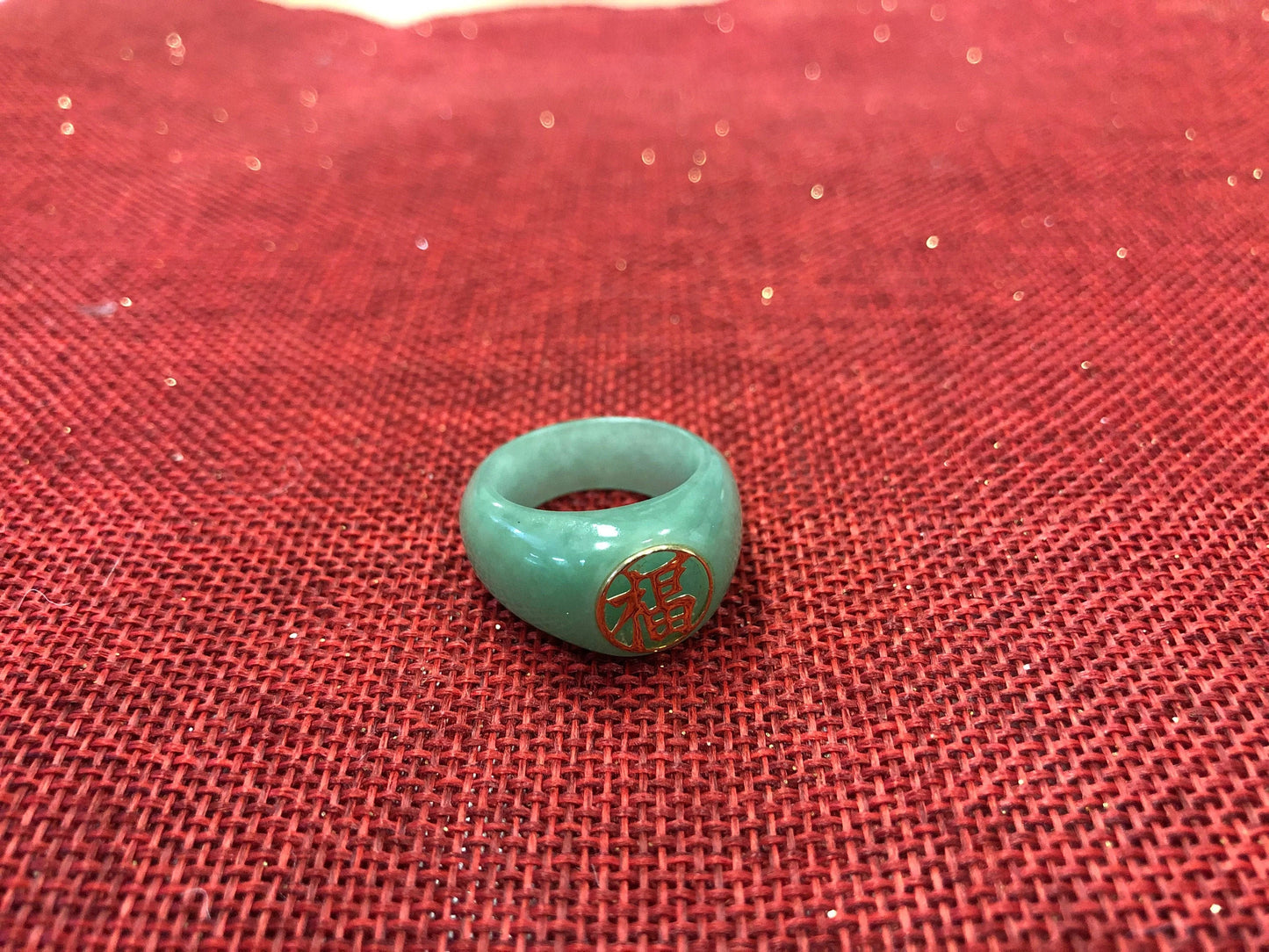 Solid Jade Ring, Solid Gold Good Fortune Emblem
