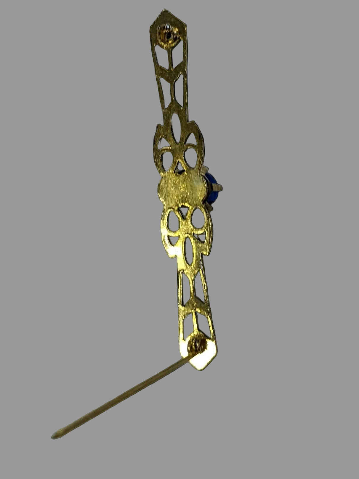 Collar Pin - Prong Set Blue Crystal Setting on Gold Tone Art Deco frame- Flower Accents- Vintage