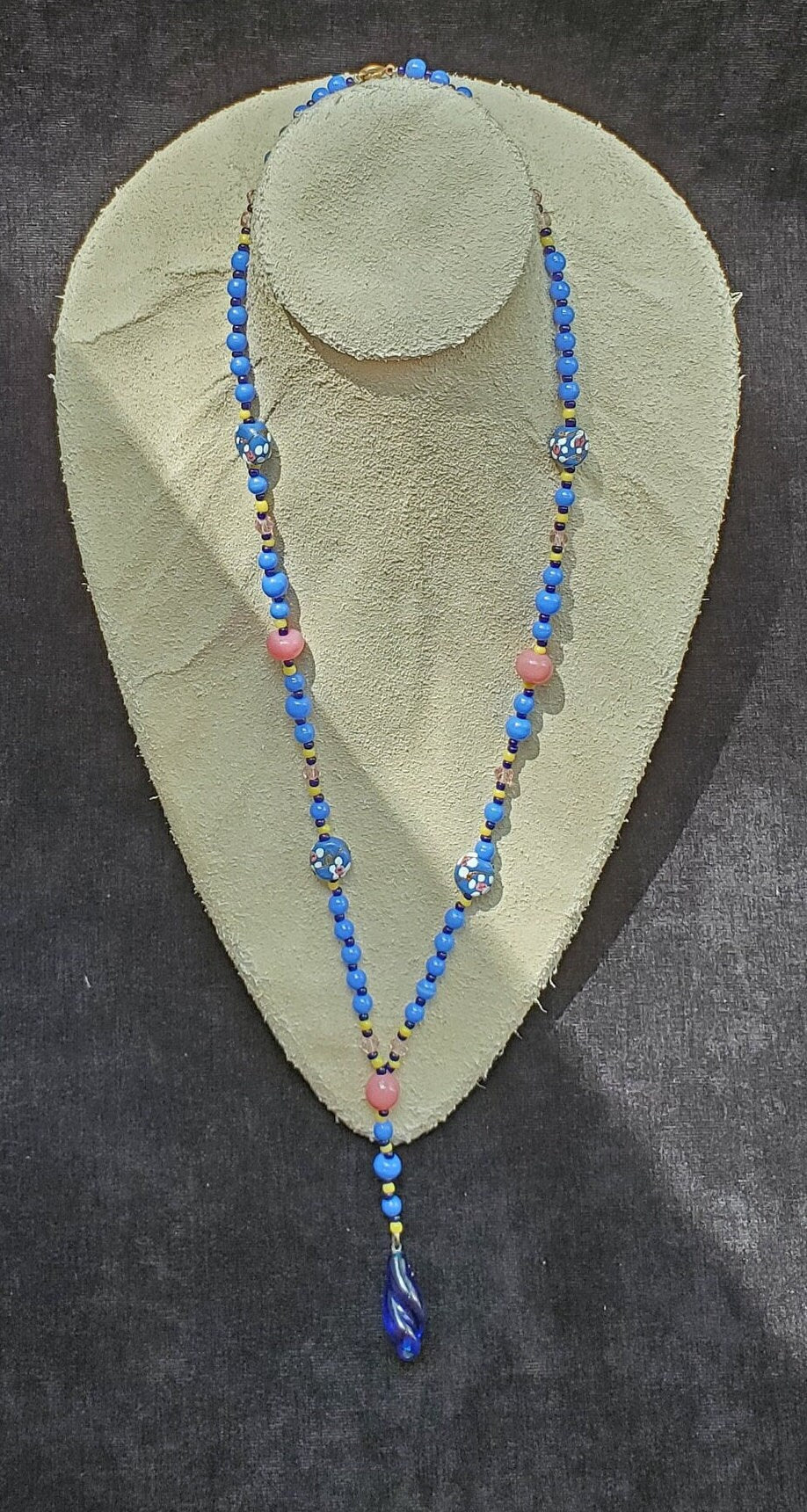 Blue Venetian Glass Long Beaded 1930s Necklace - Swing Necklace of Venetian Beads