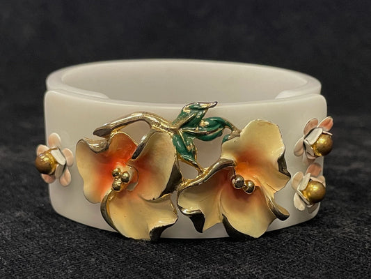 White Lucite Cuff Bangle Bracelet with Flowers - Hinged Corsage Bracelet