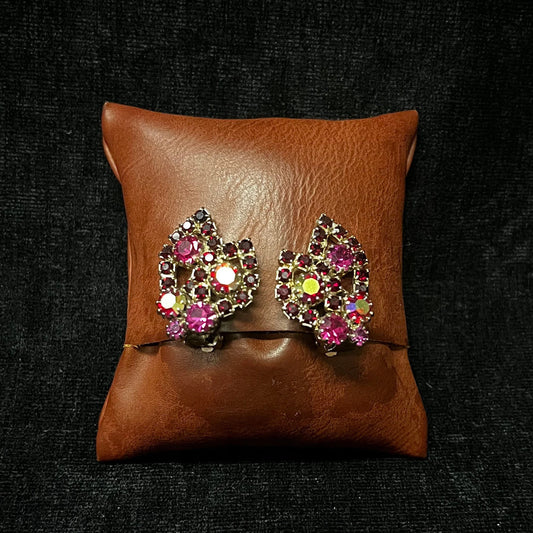Deep Red, Rose and Pink Aurora Borealis Crystal Rhinestone Clip on Earrings