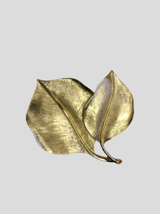 Trifari Gold Brushed Double Leaf Brooch- Large Vintage Trifari Pin
