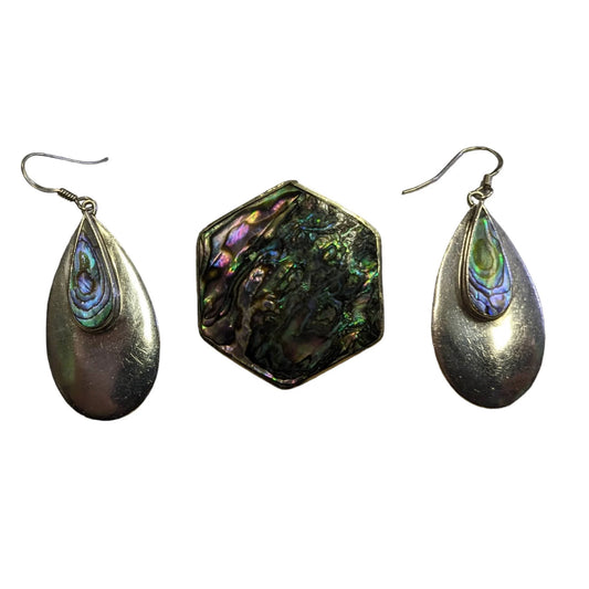 925 Silver and Abalone Shell Earrings and Pendant Set - Vintage