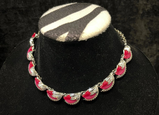 Silver Necklace with Pink Lucite Cabochons and Aurora Borealis Rhinestone Setting