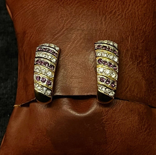 Monet Clip-On Earrings Gold With Crystal and Plum Rhinestone Settings