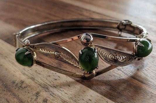 Sorento Jade and Sterling Filigree Bangle Bracelet - Vintage Sorento