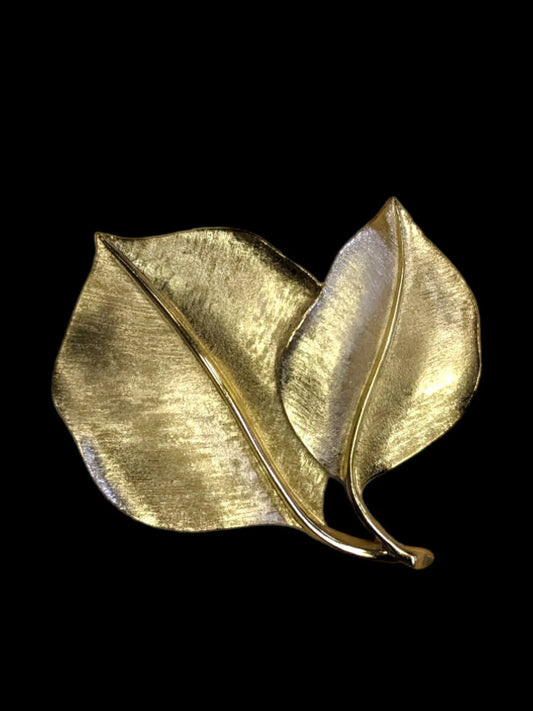 Trifari Gold Brushed Double Leaf Brooch- Large Vintage Trifari Pin