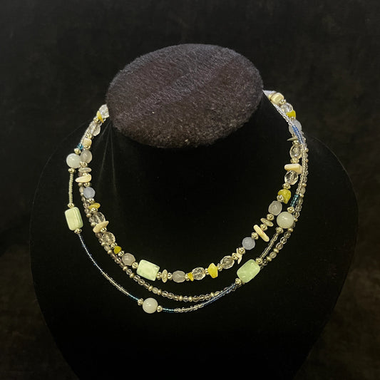 Three Strand Choker Necklace - Quartz, Agate and Crystal Bead Necklace - Maker's Mark Lia Sophia - Beautiful Pale Green Choker Necklace